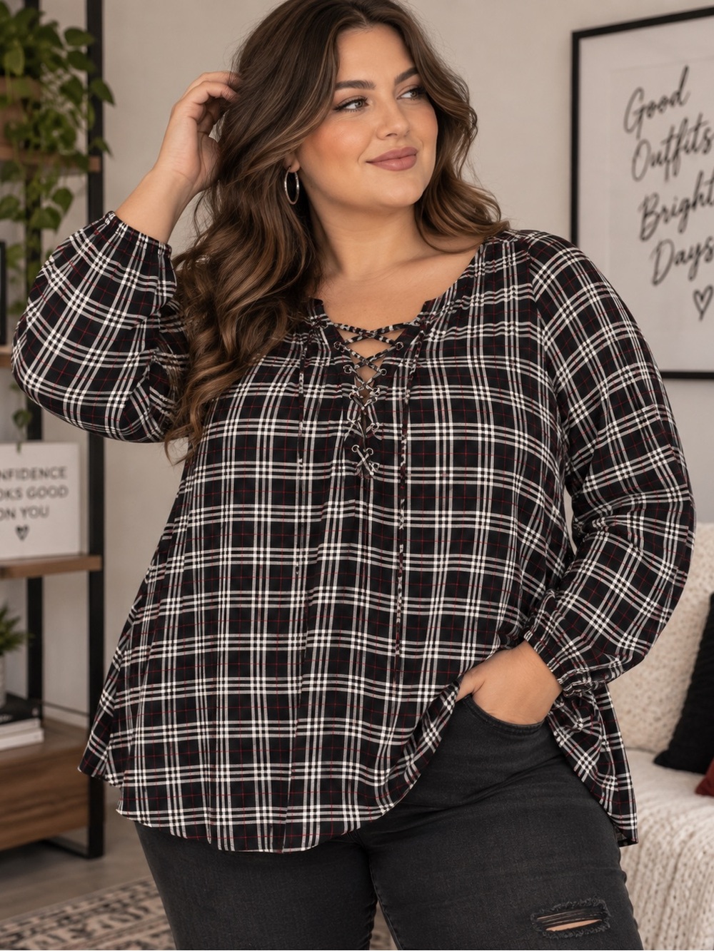 torrid Black Plaid Lace-Up V-Neck Tunic